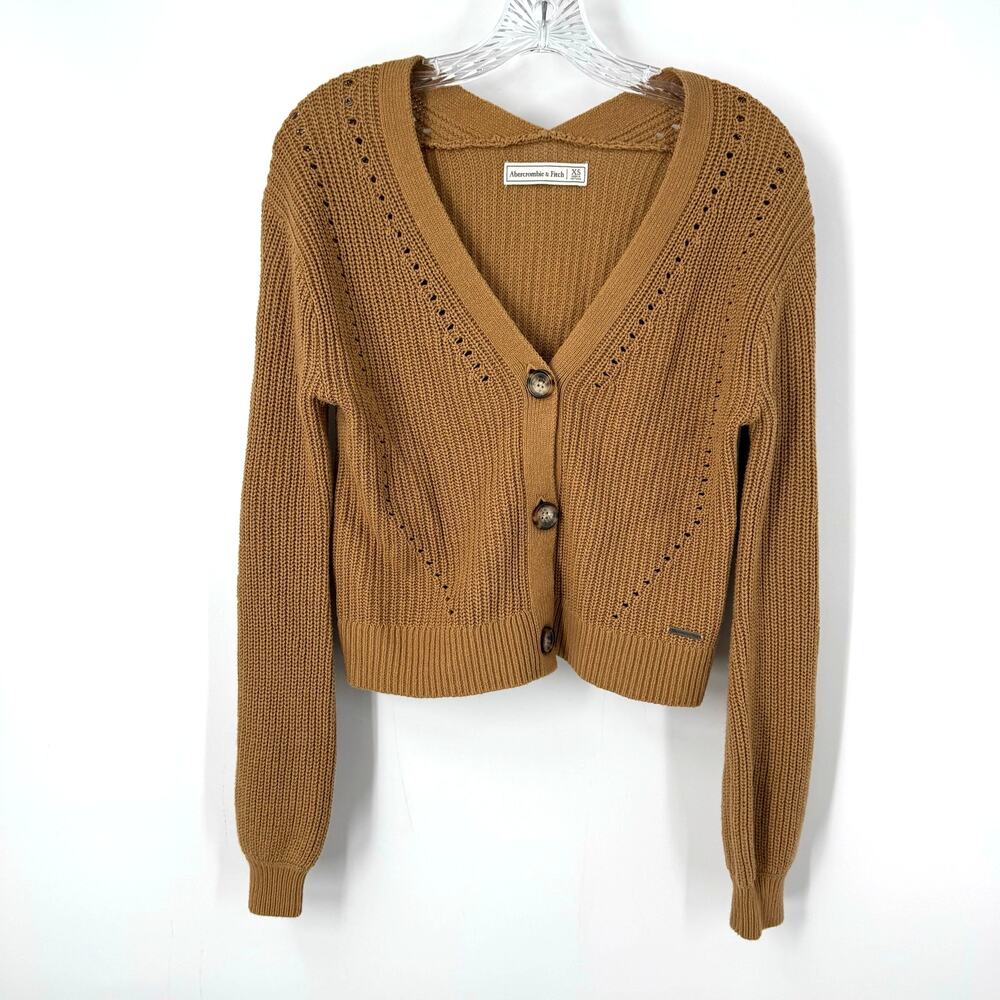Abercrombie & Fitch Chunky Knit Crop Cardigan Sweater XS Camel Tan Boxy Boho